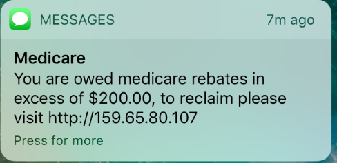 Screen shot of scam text message purporting to be from from Medicare